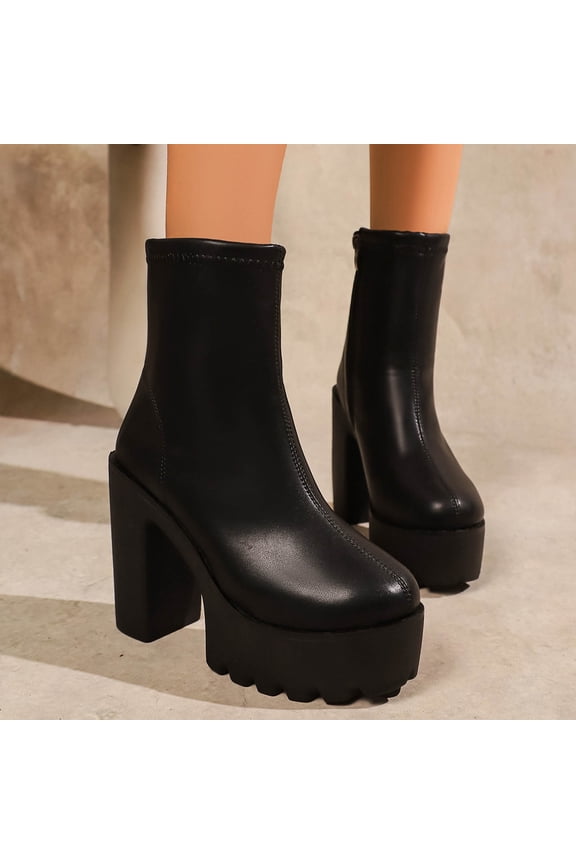 Women's High Platform Boots Slip On Chunky Heel Round Toe Ankle Booties
