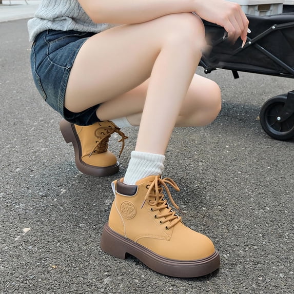 OKBOP Women's Hiking Boots Tan Lace-Up Chunky Lug Sole Round Toe Brown Stylish Women's Boots Sizes 35