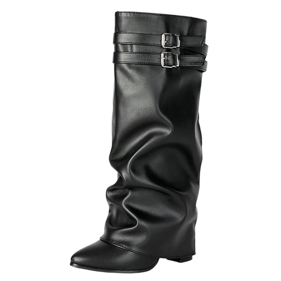 OKBOP Women's Knee High Boots Slip-On Pointy Toe Slouch Buckle Strap Low Heel Boots for Fall Winter Boots Sizes 35