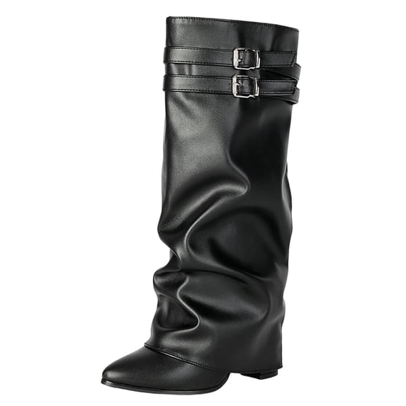 OKBOP Women's Knee High Boots Slip-On Pointy Toe Slouch Buckle Strap Low Heel Boots for Fall Winter Boots Sizes 35