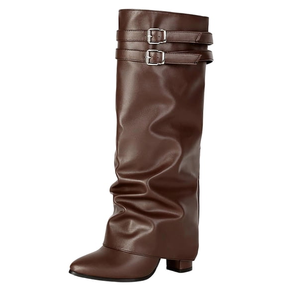 OKBOP Women's Knee High Boots Slip-On Pointy Toe Slouch Buckle Strap Low Heel Boots for Fall Winter Boots Sizes 40