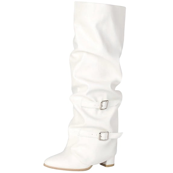 OKBOP Women's Knee High Boots Zip-Up Pointy Toe Slouch Buckle Strap Low Heel Boots for Fall Winter Boots Sizes 42