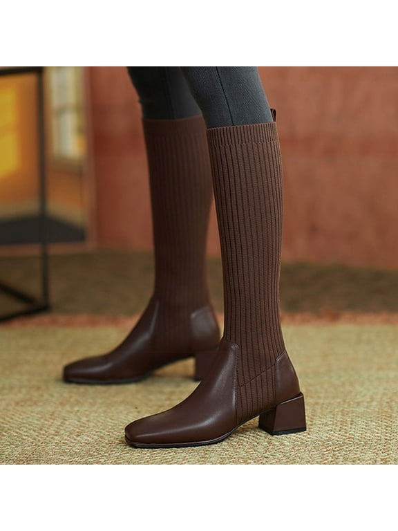 Women's Knit Sock Boots Square Toe Chunky Heel Pull On Knee High Boots