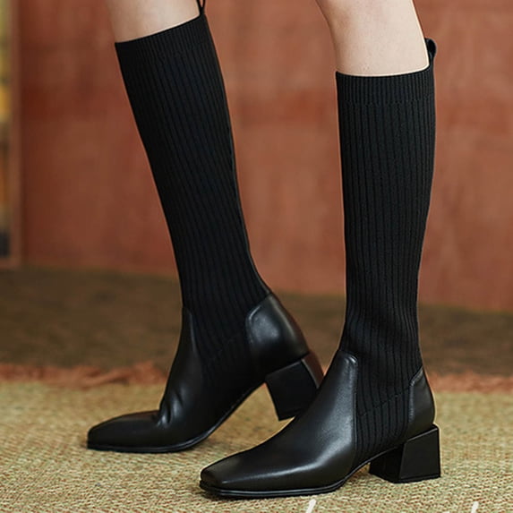 OKBOP Women's Knit Sock Boots Square Toe Chunky Heel Pull On Knee High Boots