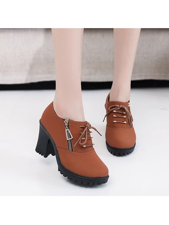 Women's Lace Up Ankle Boots Chunky High Heel Platform Rugged Sole Dress Booties