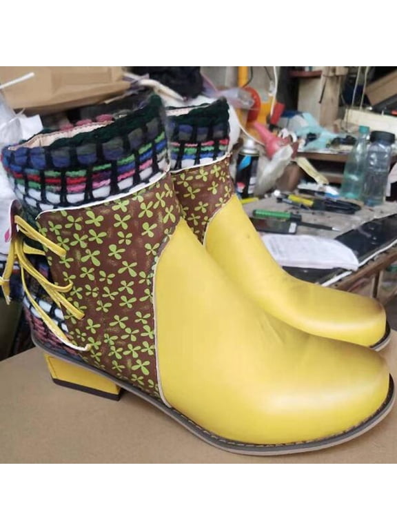 Women's Lace Up Ankle Boots Low Block Heel Boho Pattern Comfortable Boho Booties for Fall Winter
