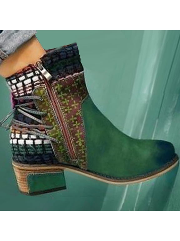 Women's Lace Up Ankle Boots Low Block Heel Boho Pattern Comfortable Casual Booties for Fall Winter