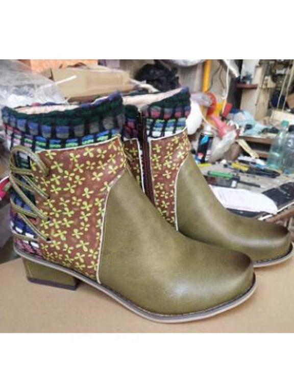 Women's Lace Up Ankle Boots Low Block Heel Boho Pattern Comfortable Casual Shoes for Fall Winter