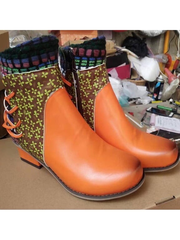 Women's Lace Up Ankle Boots Low Block Heel Boho Pattern Comfortable Walking Booties for Fall Winter