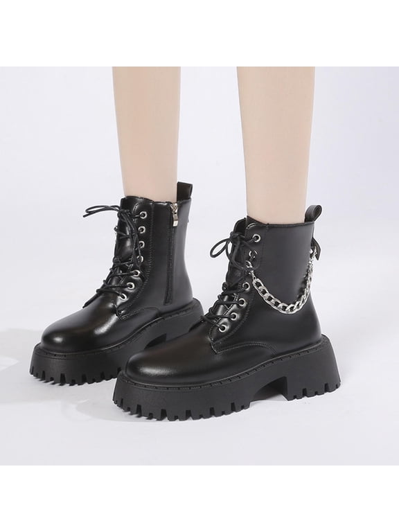 Women's Lace Up Combat Boots Chain Lug Sole Chunky Moto Booties for Fall