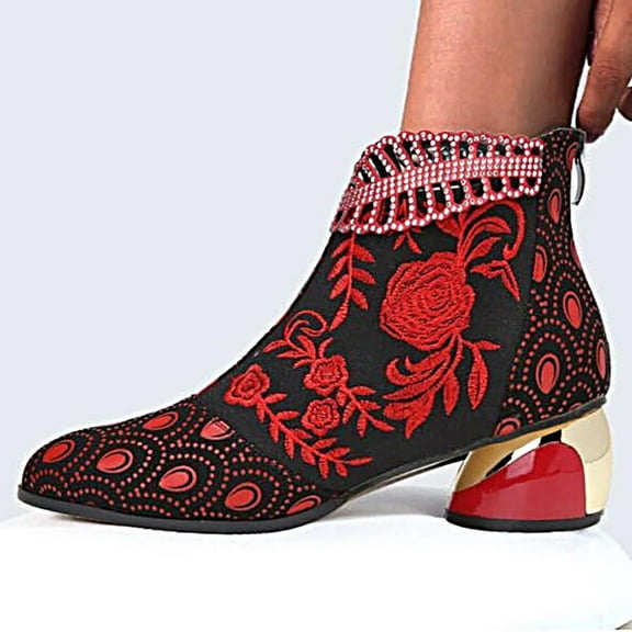 OKBOP Women's Low-Heeled Ankle Boots Red Thick Heel Rhinestone Embroidered Boots for Girls