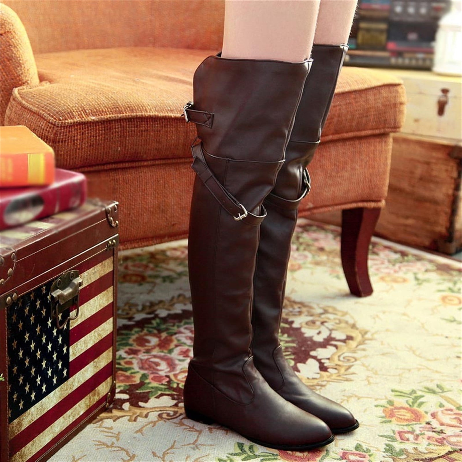 OKBOP Women's Low-Heeled Knee High Boots-Warm Retro Christmas Boots for ...