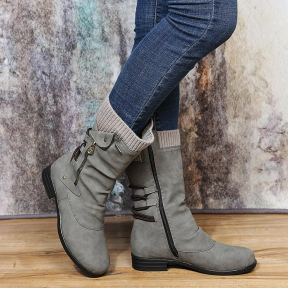 OKBOP Women's Low-Heeled Mid Calf Boots-Booties Womens Shoes Zipper Winter Pirate Boots Women Warm Christmas Fashion Womens Boots Clearance