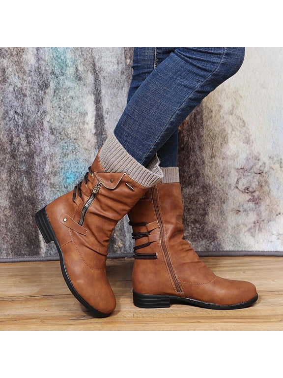 Women's Low-Heeled Mid Calf Boots-Leather Thigh High Boots for Women Winter Zipper Warm Retro Dress Shoes for Women Wedge Christmas Womens Boots Clearance