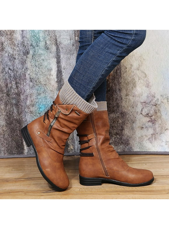 Women's Low-Heeled Mid Calf Boots-Sock Boots Retro Walking Shoes Women Thigh High Winter Warm Christmas Zipper Womens Boots Clearance