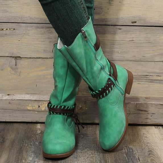 OKBOP Women's Low-Heeled Mid Calf Boots-Walking Shoes Women Warm Christmas Slouch Pirate Boots Women Fashion Winter Womens Boots Clearance