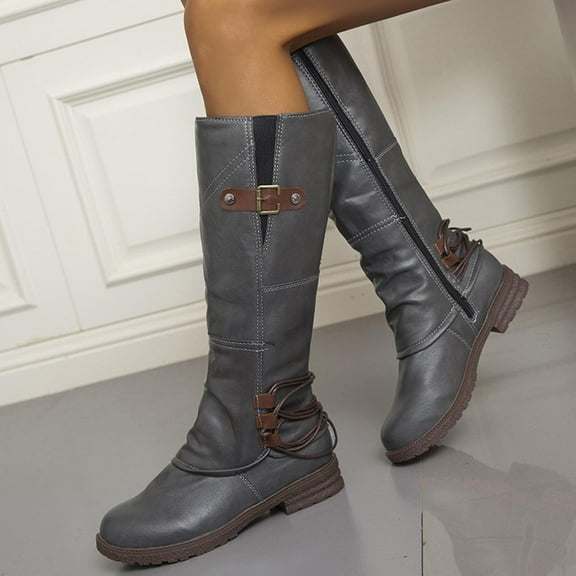 OKBOP Women's Low-Heeled Mid Calf Boots-Walking Shoes Women Warm Snow Black Knee High Boots for Women Vintage Christmas Winter Womens Boots