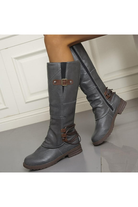 Women's Low-Heeled Mid Calf Boots-Walking Shoes Women Warm Snow Black Knee High Boots for Women Vintage Christmas Winter Womens Boots