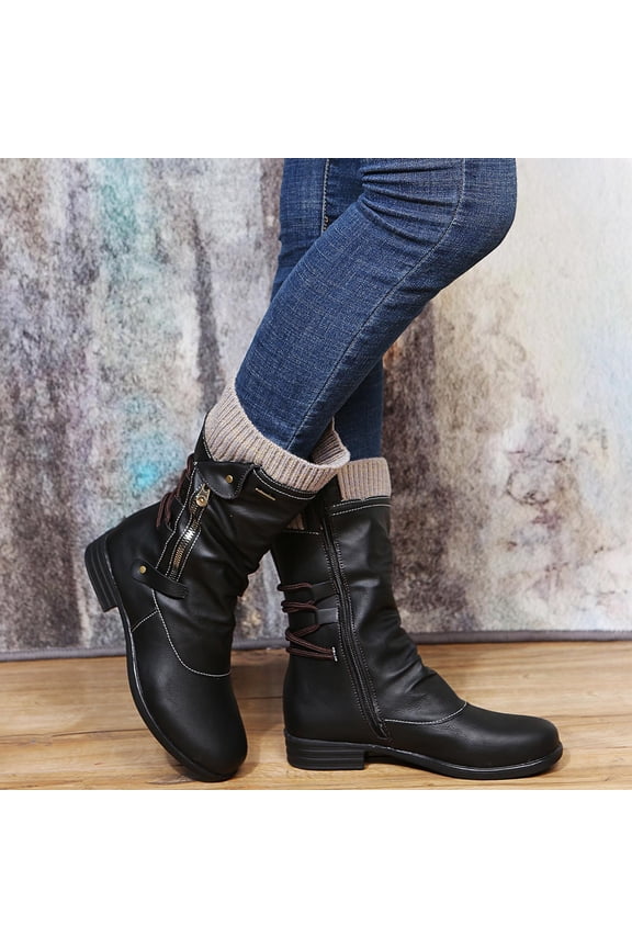Women's Low-Heeled Mid Calf Boots-Winter Christmas Zipper Womens Shoes Chukka Red Thigh High Boots Fashion Warm Womens Boots Clearance