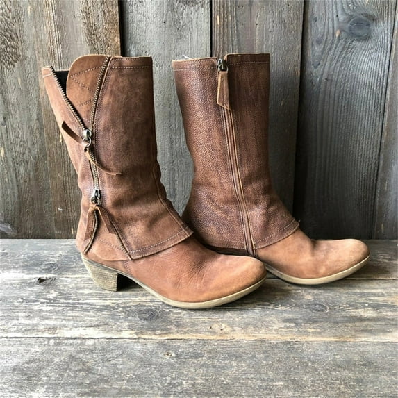 OKBOP Women's Low-Heeled Mid Calf Boots-Winter Cowgirl Boots for Girls Snow Non Slip Shoes for Women Warm Christmas Fashion Womens Boots