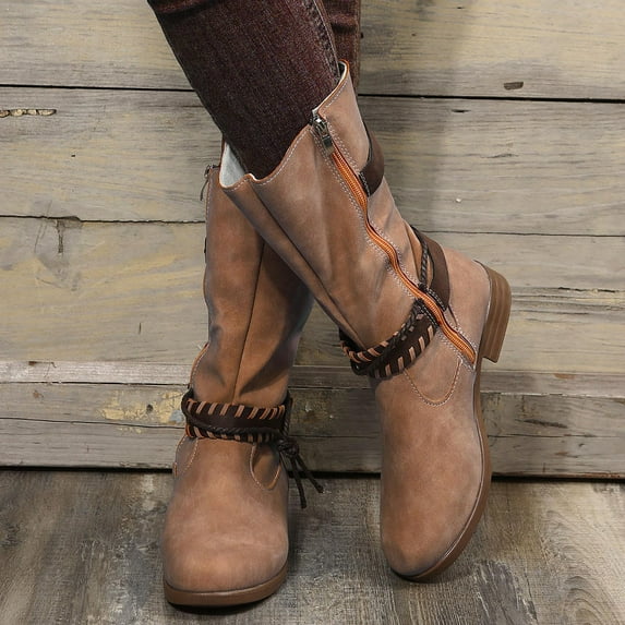 OKBOP Women's Low-Heeled Mid Calf Boots-Winter Fashion Dress Dress Shoes for Women Grey Boots for Women Christmas Warm Womens Boots Clearance