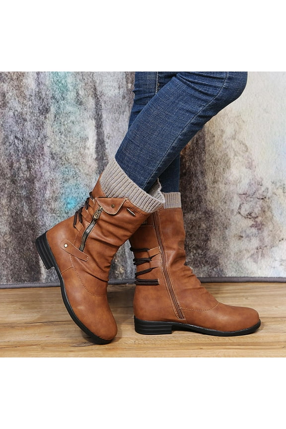 Women's Low-Heeled Mid Calf Boots-Zipper Womens Shoes Warm Vintage Chukka Winter Cow Girl Boots Christmas Womens Boots Clearance