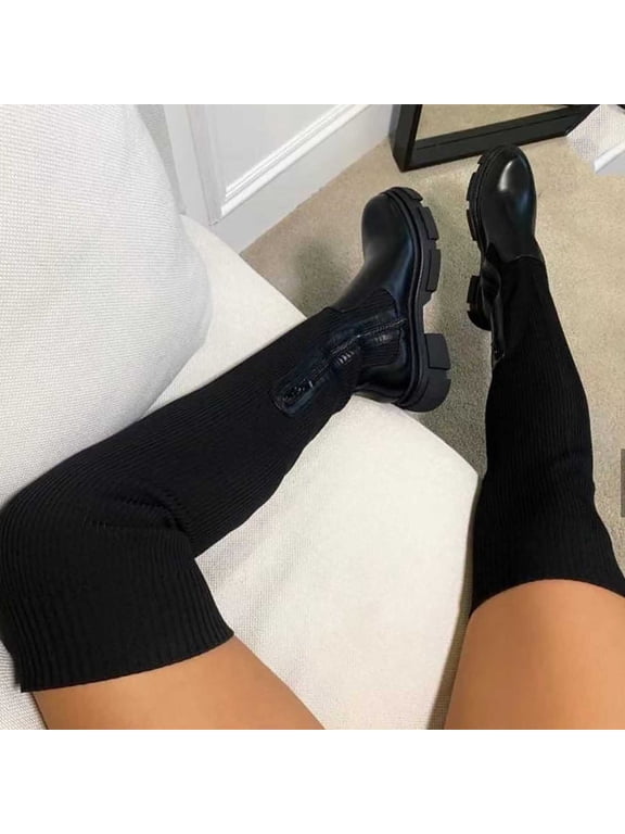 Women's Low-Heeled Over-The-Knee Boots-Walking Shoes Women Winter Warm Christmas Boots Women Vintage Waterproof Womens Boots Clearance