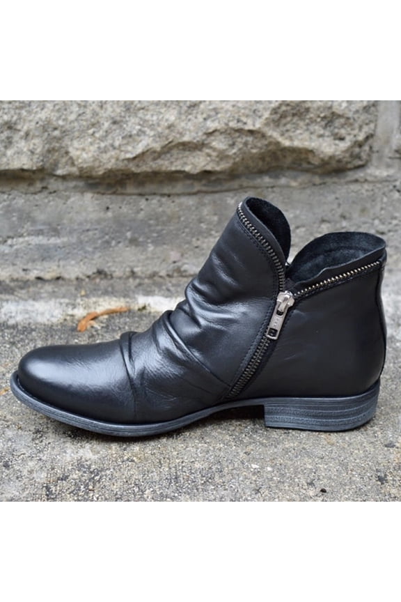 Women's Low Heels Shoes-Retro Solid Color Zipper Winter Comfort Warm Boots Fashion Non Slip Back Short Leather Shoes for Women Casual Womens Boots