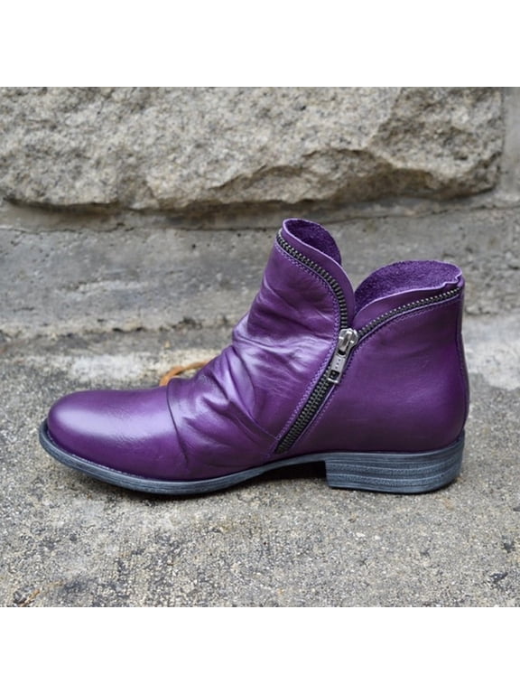 Women's Low Heels Shoes-Retro Solid Color Zipper Winter Comfort Warm Boots Fashion Non Slip Back Short Leather Shoes for Women Casual Womens Boots Clearance