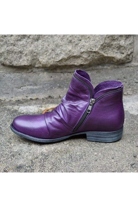 Women's Low Heels Shoes-Retro Solid Color Zipper Winter Comfort Warm Boots Fashion Non Slip Back Short Leather Shoes for Women Casual Womens Boots Clearance