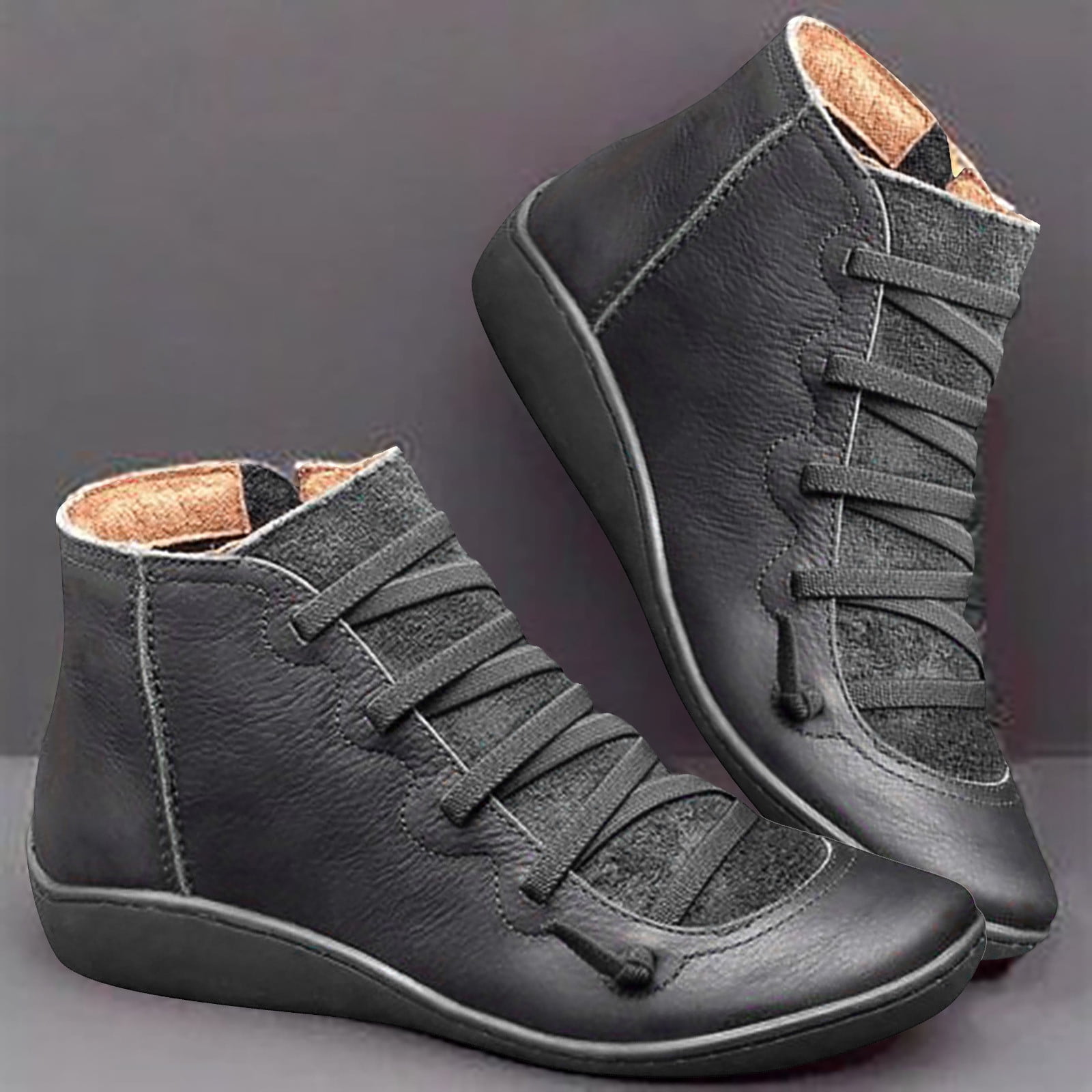 LUXMAX Women's Fold Over Ankle Boots - Lace Up Block Heel Winter Booties