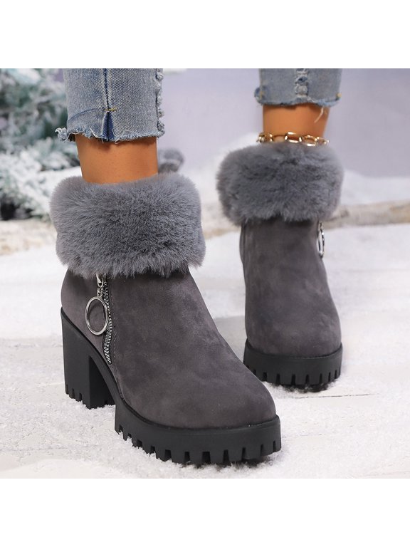 Women's Lug Sole Ankle Booties Faux Fur Metal Ring Zip Chunky High Heel Winter