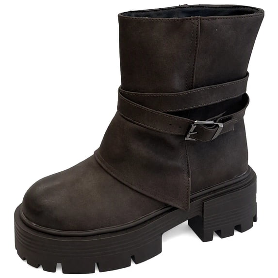 OKBOP Women's Matte Faux Leather Mid-Calf Moto Boots, Crisscross Buckle Strap Pull-On Round Toe Chunky Lug Sole Platform Boots Boots Sizes 38