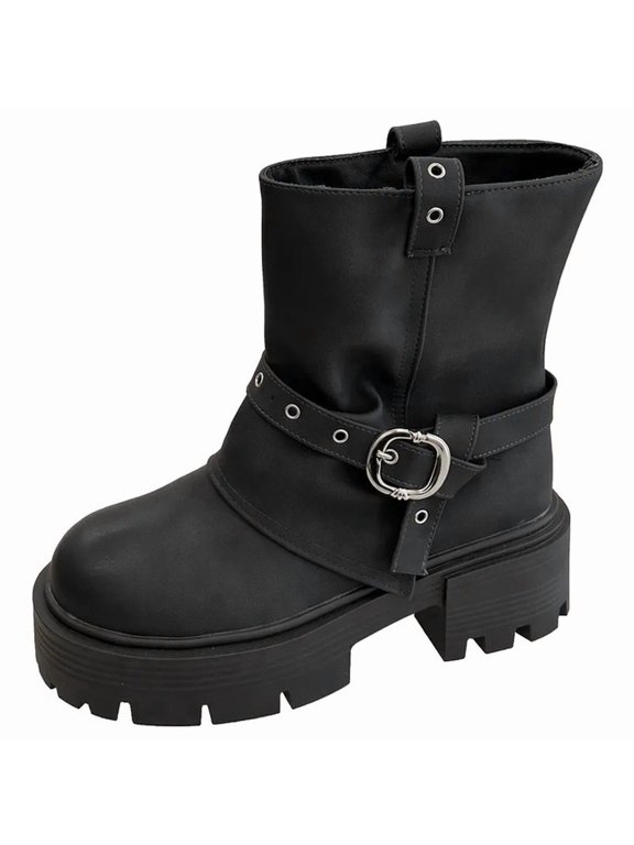 Women's Matte Faux Leather Mid-Calf Moto Boots, Round Buckle Strap Pull-On Round Toe Chunky Lug Sole Platform Boots Boots Sizes 36