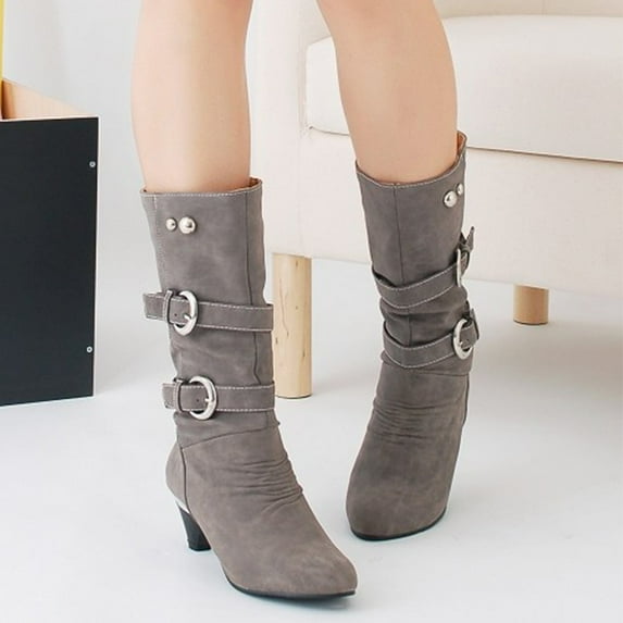 OKBOP Women's Middle Mid Calf Boots-Walking Shoes Women Knee High Warm Winter Retro Tall Boots Christmas Womens Boots Clearance