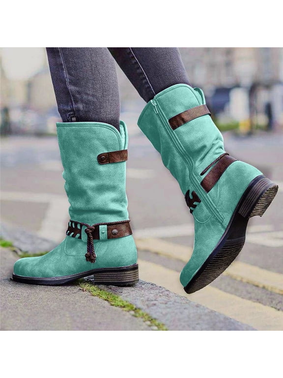 Women's Middle Mid Calf Boots-Warm Fashion Winter Christmas Non Slip Shoes for Women Cowgirl Boots for Girls Lace-Up Zipper Womens Boots