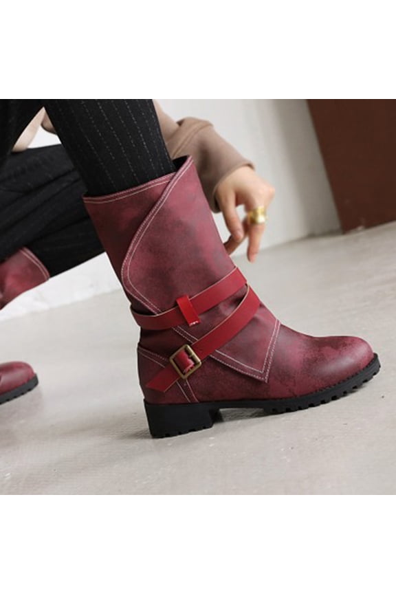 Women's Middle Mid Calf Boots-Warm Red Rain Boots Women Walking Shoes Women Wedge Retro Christmas Winter Womens Boots Clearance
