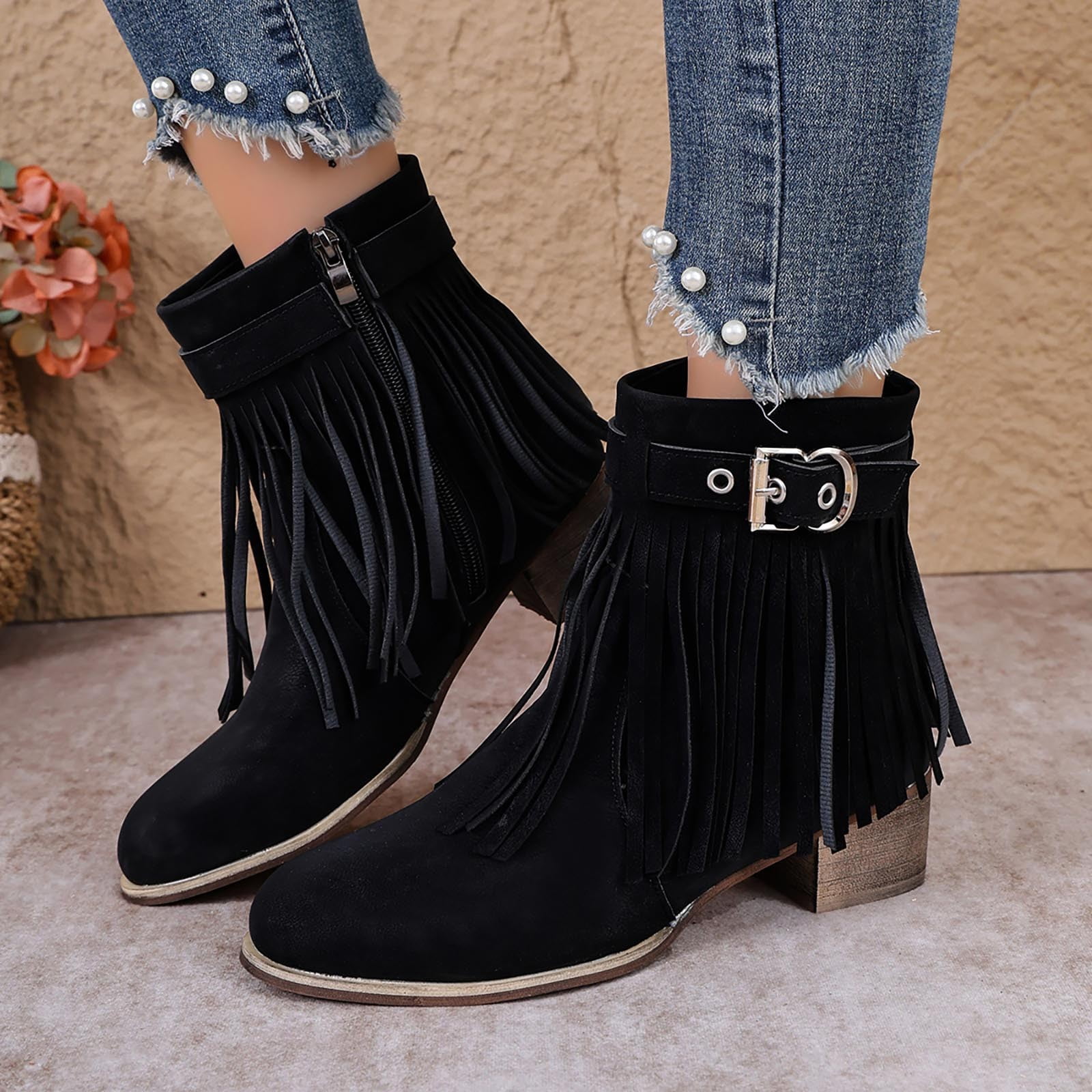 OKBOP Women's Moccasin Ankle Boots Lace-Up Zip-Up Block Low Heel Round ...