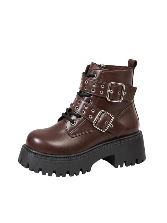 Women's Moto Ankle Boots Lace‑Up Round Toe Platform Mid Heel Lug Sole Night Out Boots Sizes 36