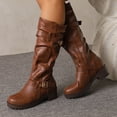 thumbnail image 1 of OKBOP Women's Motorcycle Boots Buckle Strap Slouchy Mid Calf Chunky Heel Shoes, 1 of 5
