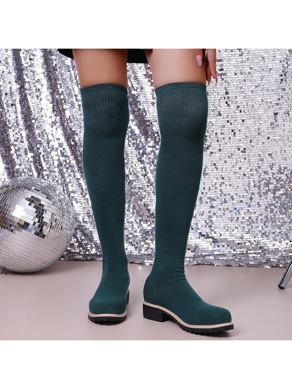 Women's Over the Knee Sock Boots Slip-On Lug Sole Low Heel Round Toe Sizes 36