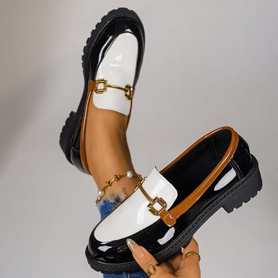 OKBOP Women's Patent Leather Loafers, Round Toe Buckle Strap