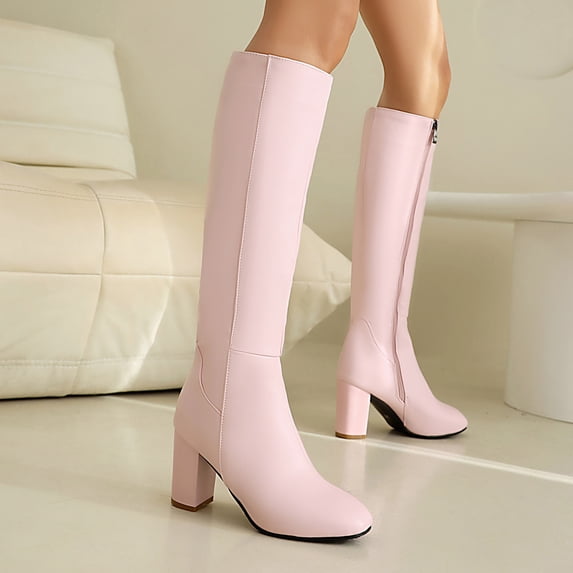 OKBOP Women's Pink Knee High Boots High Chunky Heel Side Zip Round Toe Boots