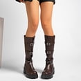 thumbnail image 1 of OKBOP Women's Platform Moto Boots Buckle Strap Mid Calf Chunky Lug Sole Booties, 1 of 5