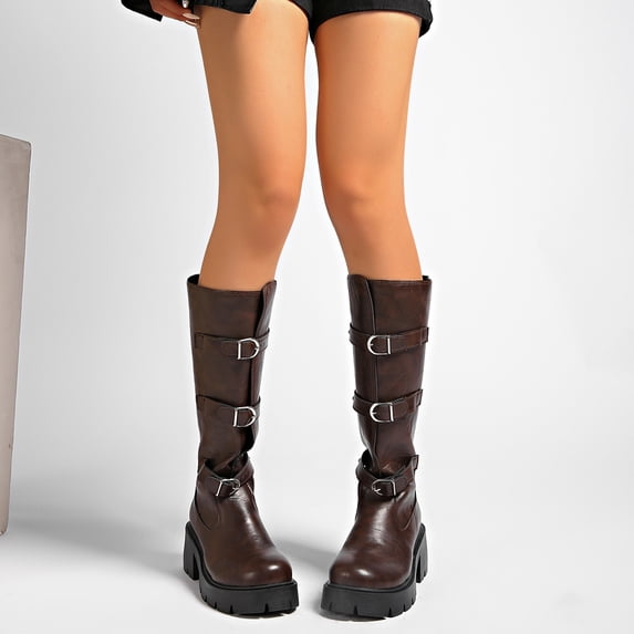 OKBOP Women's Platform Moto Boots Buckle Strap Mid Calf Chunky Lug Sole Booties