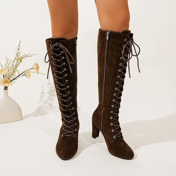 OKBOP Women's Retro Lace‑Up Round Toe Chunky High Heel Knee‑High Riding ...