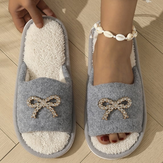 OKBOP Women's Slides Open Toe Slip-On Memory Foam Flat Heel Bow Decor Shoes