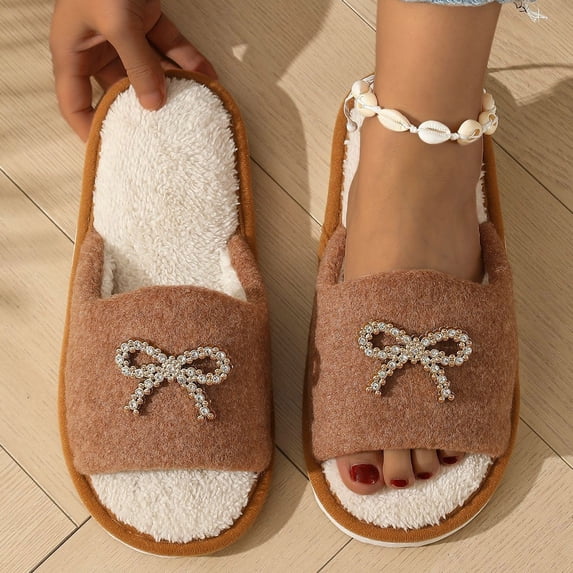 OKBOP Women's Slides Open Toe Slip-On Memory Foam Flat Heel Bow Decor Shoes