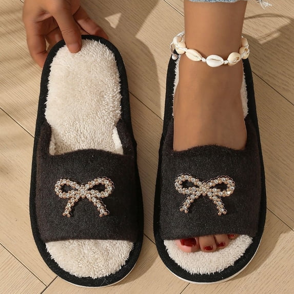 OKBOP Women's Slides Open Toe Slip-On Memory Foam Flat Heel Bow Decor Shoes
