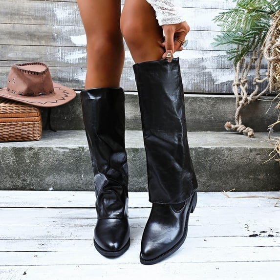 OKBOP Women's Slouchy Mid Calf Boots Pointed Toe Chunky Heel Faux Leather Boots